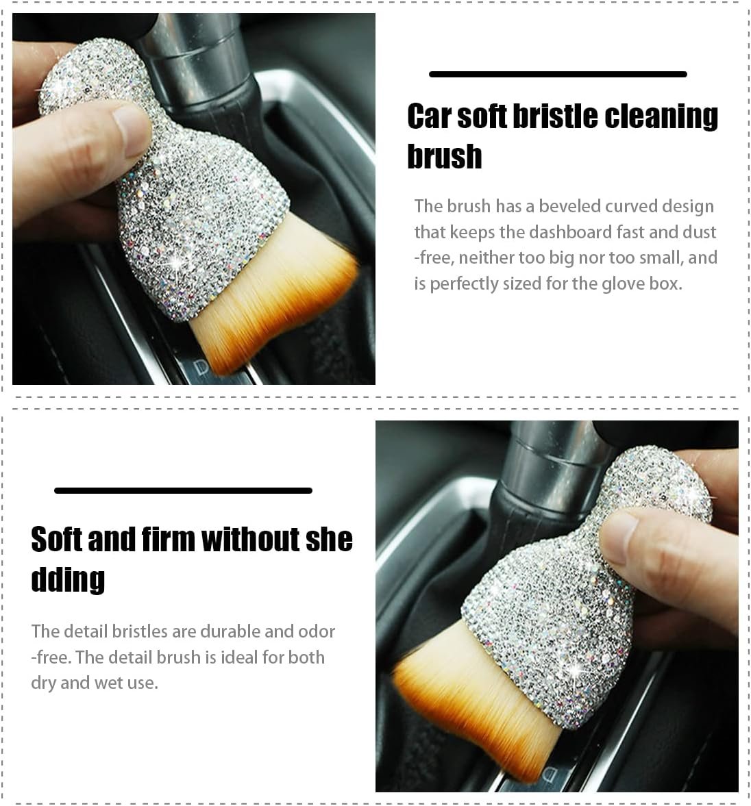 zipelo Auto Interior Dust Brush, Car Detailing Cleaning Brush with Diamond, Bling Handle Soft Bristles Dusting Tool, Scratch Free Dirt Clean Brushes for Vehicle Dashboard, Air Conditioner Vent (White)