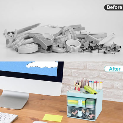 Meiikun Desk Organizer with 2 Drawers, 2 Compartments & a Top Tray, Small Desktop Organizers, Cute Makeup Brush Holder, Office Accessories Home Organization for Women, 13 cm x 15 cm x 11.5 cm (Blue)