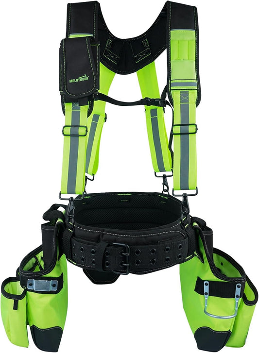 MELOTOUGH Reflective Safety Tool Belt with Suspenders Tool Bag Supenders Framers Comb Apron Construction Tool Pouch Builder Heavy Duty Carpenter Suspension Rig for Electrician, Roofing