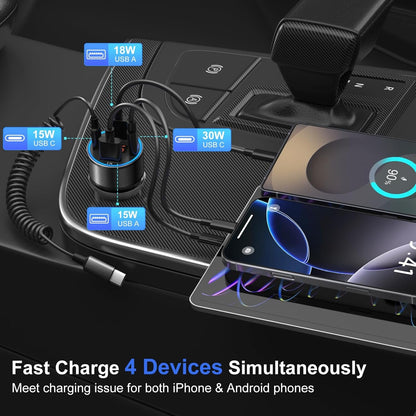 USB C Car Charger, 65W 4-Fast Port Dual 12V USB-C & USB-A Car Adapter QC+PD 3.0 Fast Charging Cigarette Lighter with Voltmeter for iPhone 16e 15 14 13 12 Pro Max, Galaxy, Google Android Phone(Black)
