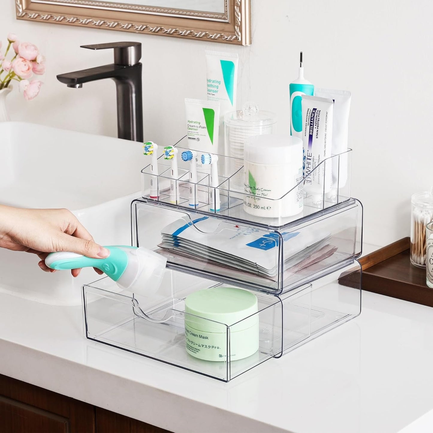 Vtopmart 3 Tier Clear Makeup Organizer with Drawer, Cosmetic Storage for Dresser Countertop and Bathroom Vanity, Skincare Organizer for Lipstick Brush Holders