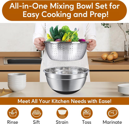Stainless Steel Mixing Bowls with Lids–Nesting Set with Airtight Lids, Colander & Grater for Kitchen Prep, Cooking & Baking,Non-Slip|Bols à mélanger en Acier inoxydable, antidérapants,Black
