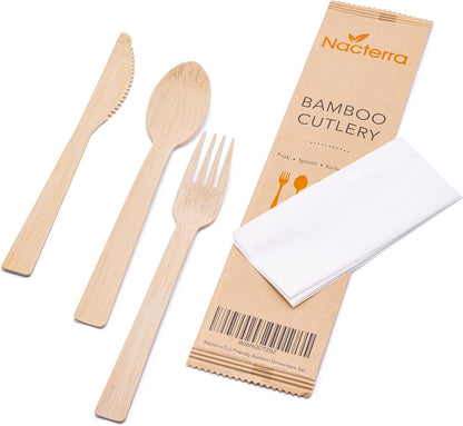 Nacterra Eco-Friendly Disposable Cutlery Set - Biodegradable Wooden Spoons, Forks, and Knives with 1 Napkin - 50 Packs - All Natural Bamboo Dinnerware Set