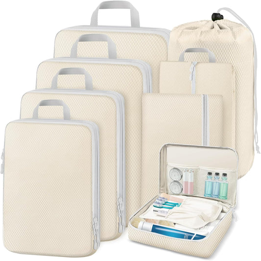 MUUKAIII Luggage Organizer, Set of 8 Compression Packing Cubes, Space-Saving Travel Organizer, Travel Suitcase Organizer, Backpack, Travel Organizer for Clothes Makeup, Beige