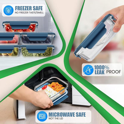 Glass Food Storage Containers 5 Pack,Three Sizes Glass Meal Prep Containers with Snap Lock Leakproof Lids,Lunch Box for Microwave,Freezer,Oven and Dishwasher (Sea blue)