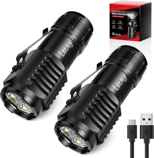 LETMY Rechargeable Mini Flashlights with Magnetic Base, 2 Pack Bright 3 LED Flash Lights, Small Tactical Flashlight with Belt Clip, 4 Lighting Modes Portable Rechargeable Flashlights for Camping Home