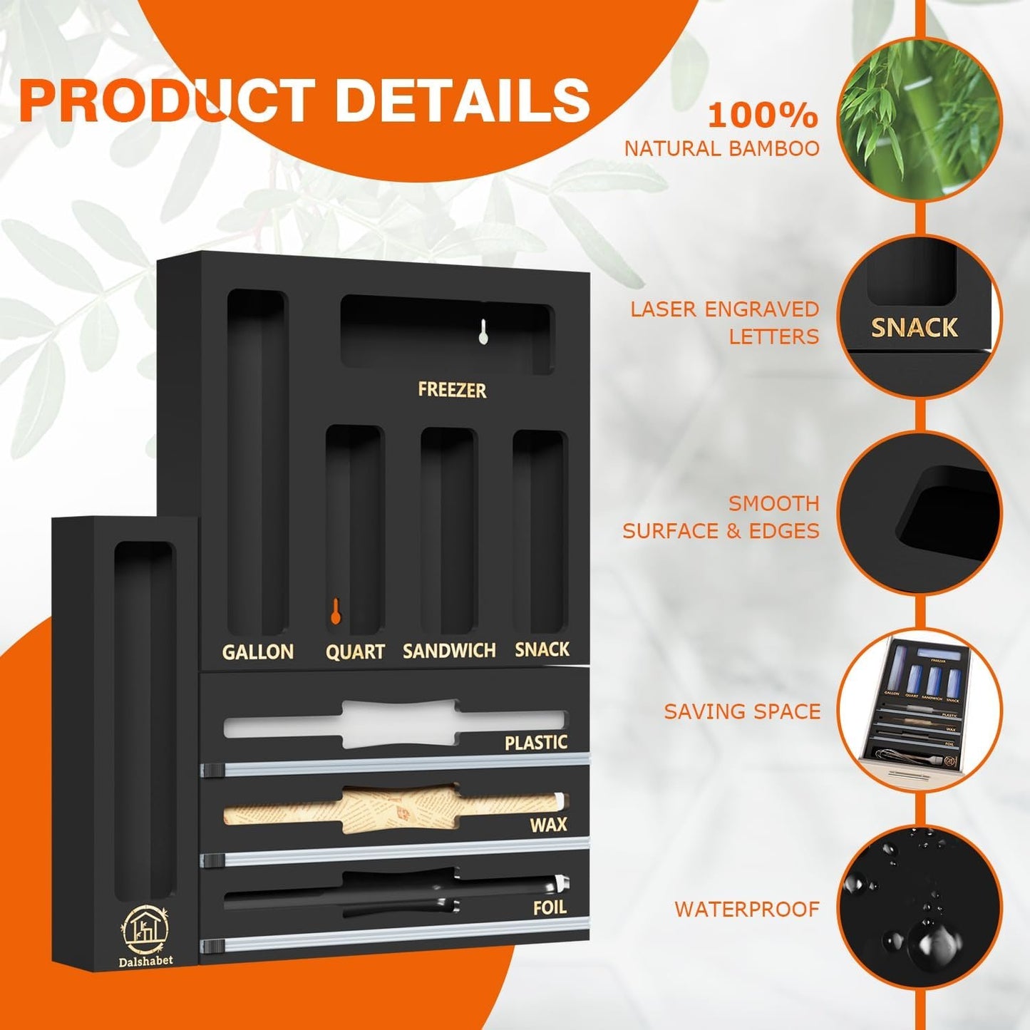 DALSHABET 9 IN1 Bamboo Storage Bag Drawer Organizer with Cutter, Foil and Plastic Wrap Dispenser for Kitchen Storage Compatible with All Brands Gallon, Quart, Sandwich & Snack Size Bags - Black