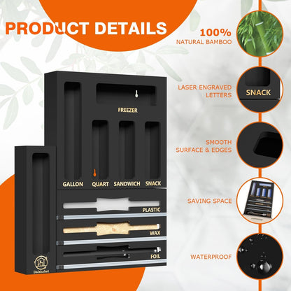 DALSHABET 9 IN1 Bamboo Storage Bag Drawer Organizer with Cutter, Foil and Plastic Wrap Dispenser for Kitchen Storage Compatible with All Brands Gallon, Quart, Sandwich & Snack Size Bags - Black