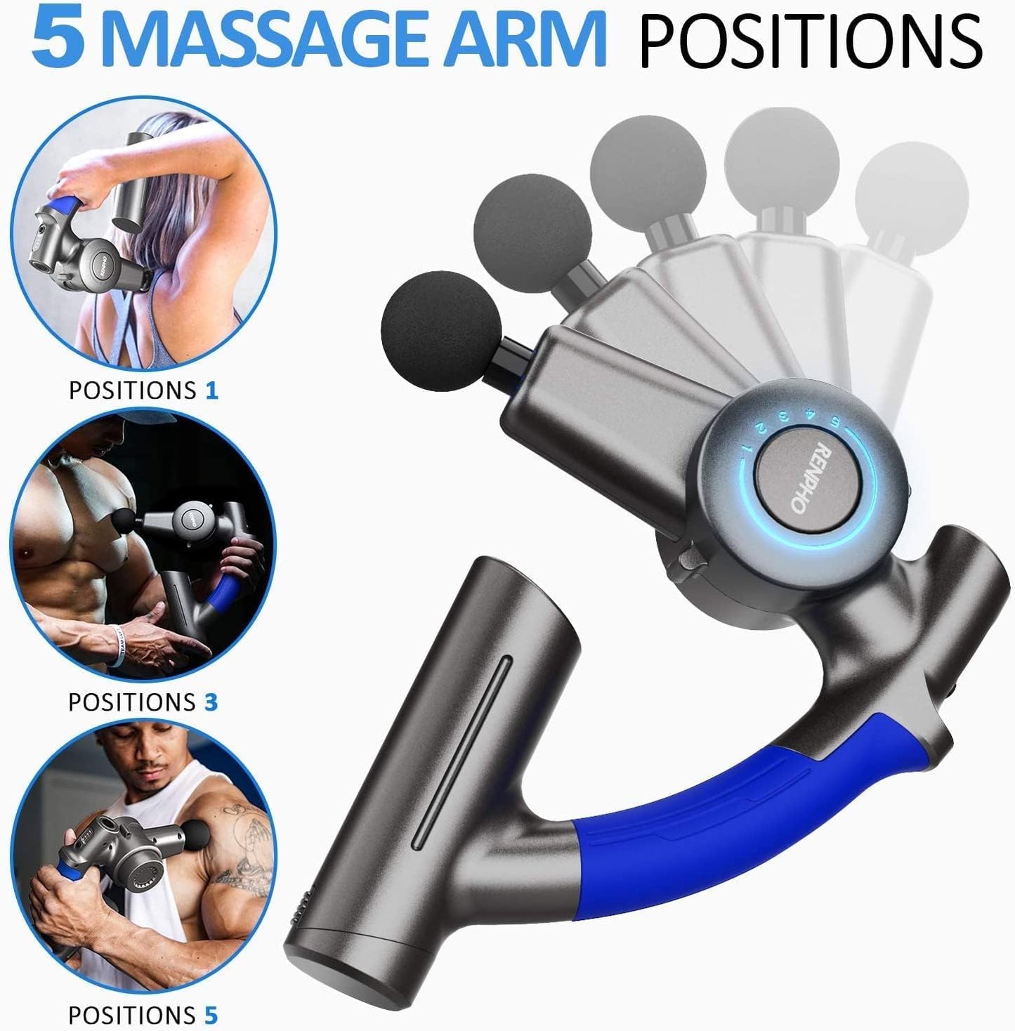 RENPHO Muscle Massage Gun, Massage Gun, Electric Deep Tissue Percussion Massager with Adjustable Arm and 6 Massage Heads, Portable Case