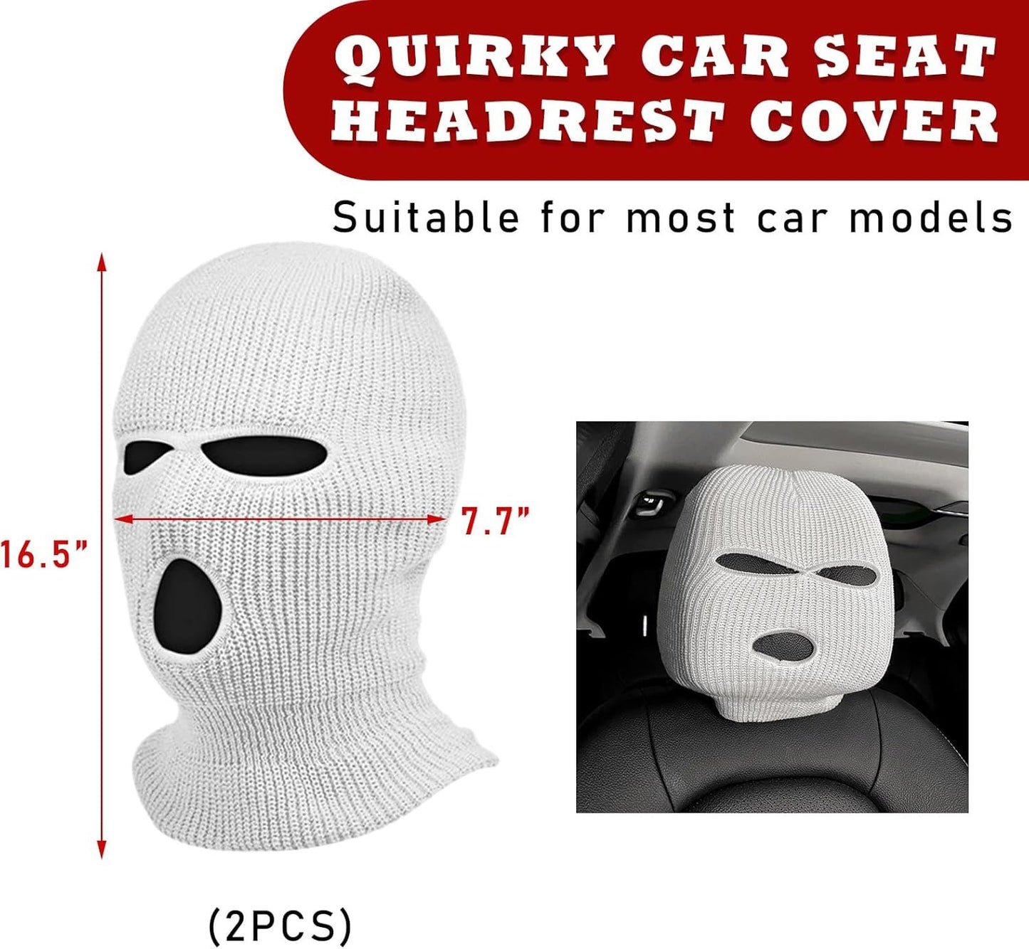 Suvnie 2 PCS Car Headrest Cover, Personalized Funny Car Seat Full Face Mask, Ski Mask Wrap Protection for Auto Front Seat Rest Decoration, Universal Interior Car Accessories (White)
