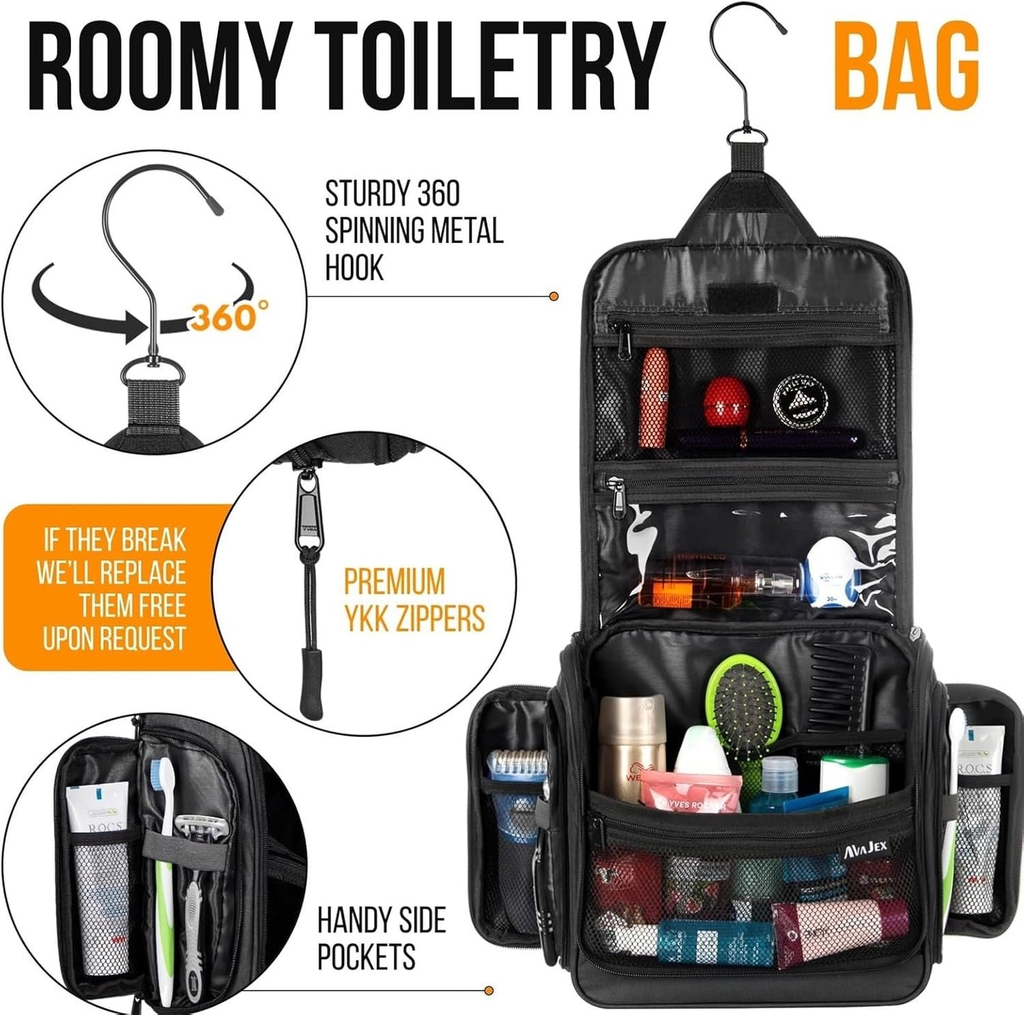 YChoolco Travel Toiletry Bag for Men & Women Large Hanging Toiletry Organizer Waterproof Hygiene Bag with Metal Swivel Hook for Toiletry