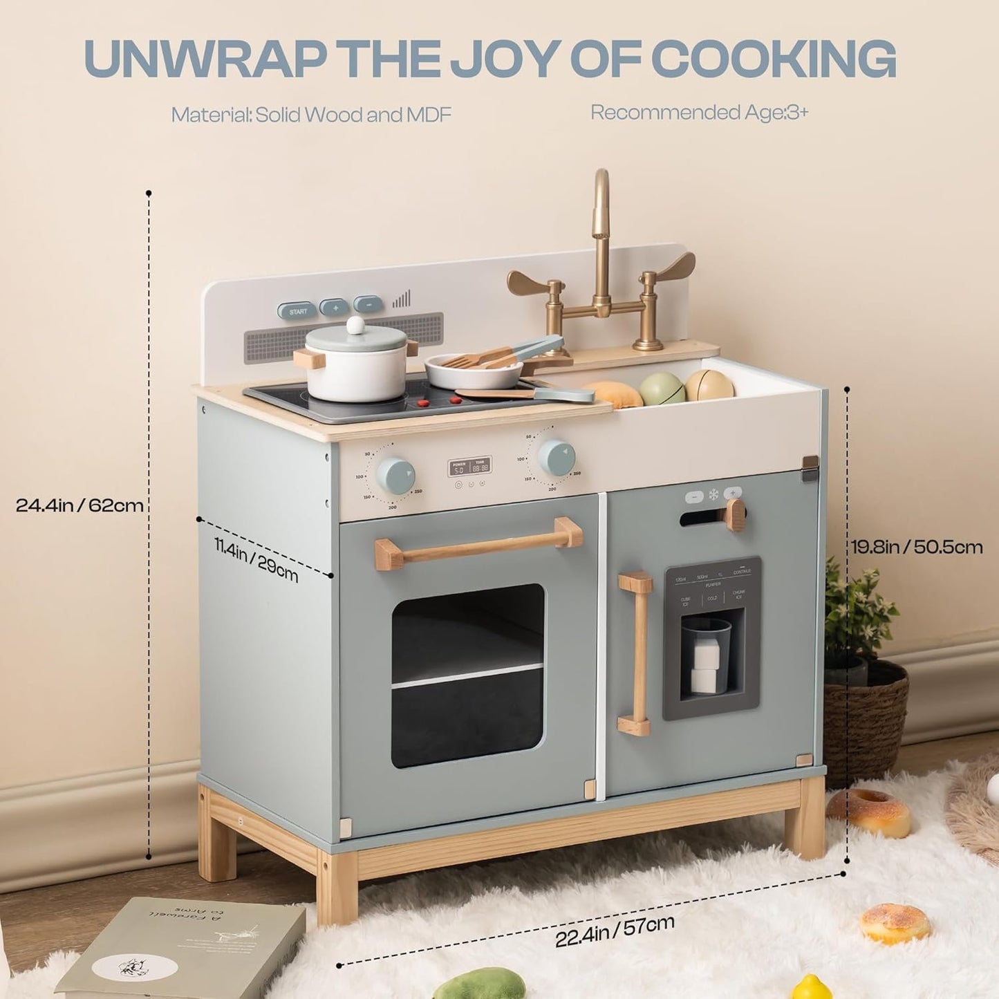 ROBOTIME Play Kitchen for Toddlers, Wooden Kids Play Kitchen Playset with Real Lights & Sounds/Ice Cube Dispenser, Pretend Play Montessori Toy Kitchen, Gift for Ages 3+ (Blue)