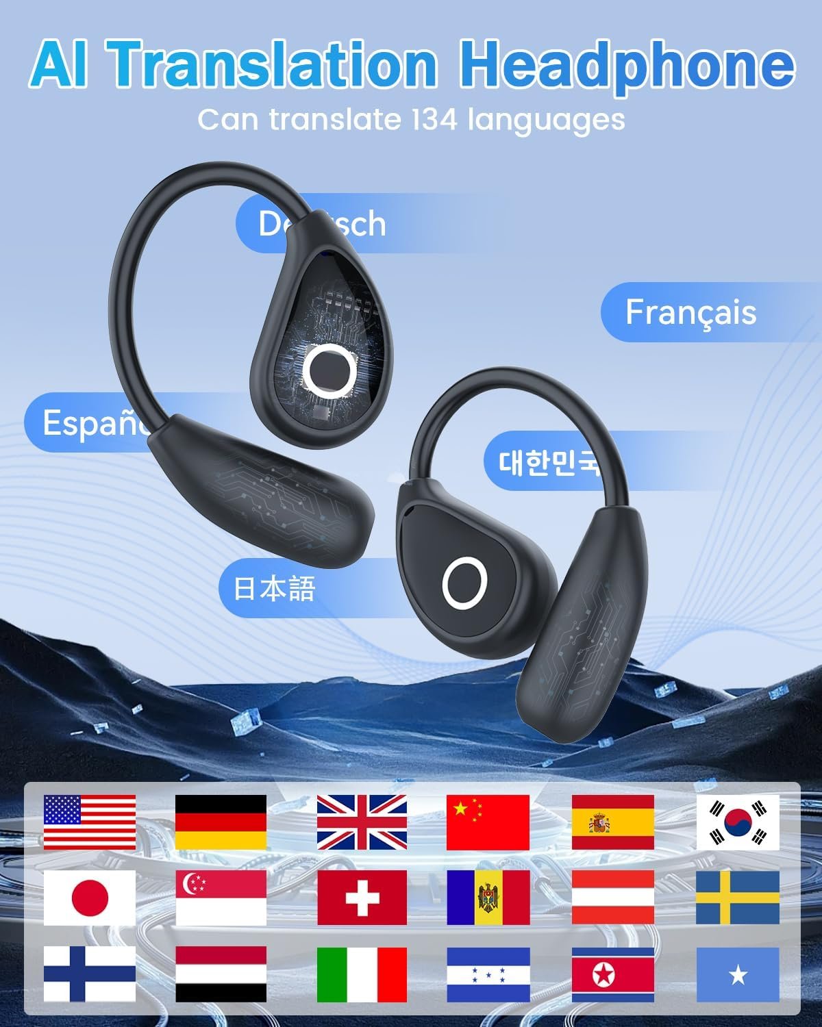 Translation Earbuds Real Time Open Ear Headphones, LCD Touch Screen 3-in-1 AI Translator Earbuds, 164 Language Translator Earpiece with ENC Mic, Translation Headphones for Travel Business Learning