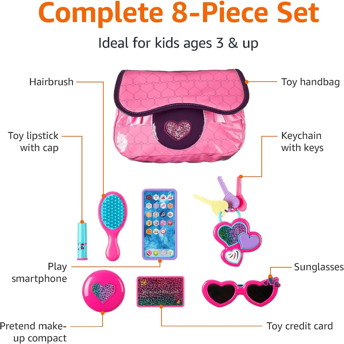 Amazon Basics Pretend Play Purse Toy For Kids Ages 3 and Up, Handbag Including Smartphone, Sunglasses, Makeup Compact, Keys and Credit Card, 8-Piece Set, Pink