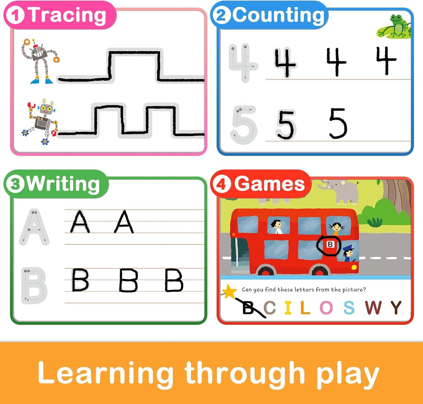 Hulupiggy Preschool Learning Activities 60 Reusable Pages, Tracing Letter Number Handwriting Practice Book for Kids, Montessori Autism Educational Fine Motor Toddler Learning Toys for 3 4 5 Year Olds