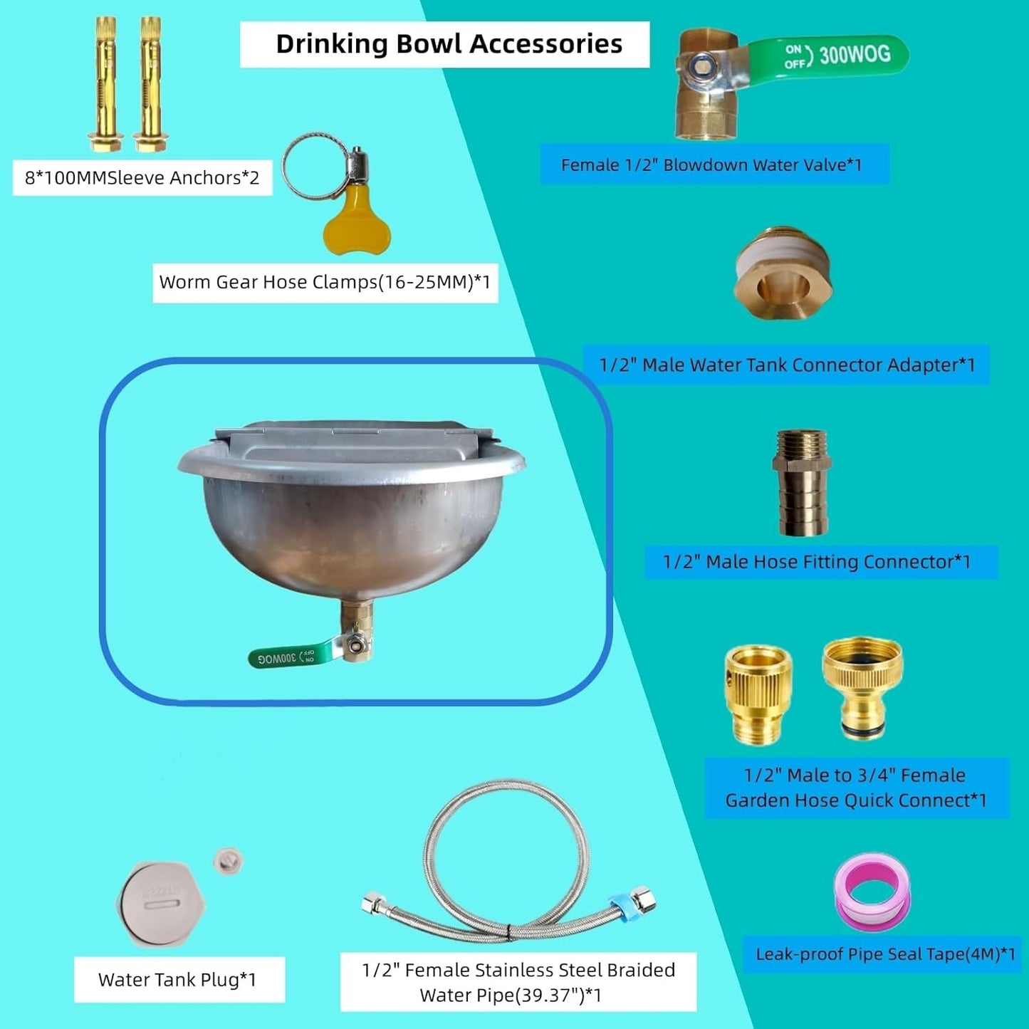 Boajf Automatic Water Dispenser for Dogs, Auto Water Dog Bowl with Drain Valve, Livestock Large Waterer 2 Gallon with Float Valve, Stainless Steel Water Trough with Hose Connector for Horse, Chicken