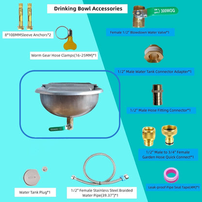 Boajf Automatic Water Dispenser for Dogs, Auto Water Dog Bowl with Drain Valve, Livestock Large Waterer 2 Gallon with Float Valve, Stainless Steel Water Trough with Hose Connector for Horse, Chicken