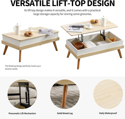 Forevich Coffee Table Lift Top Cabinet Fully Assembled with Hidden Storage Compartment Multi-Function Convertible Rising Tabletop Central Dining Table for Living Room Home Office Natural