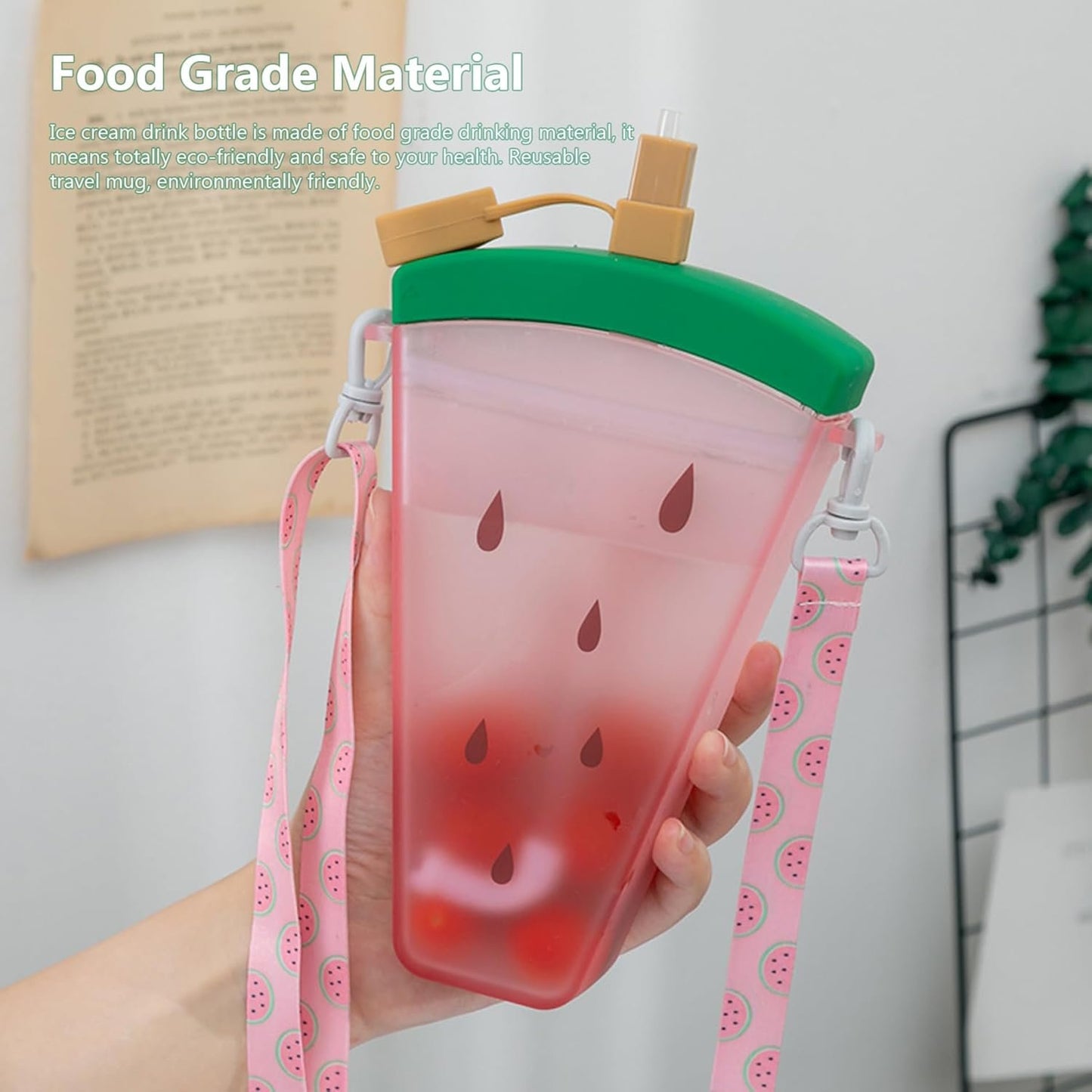 Cute Water Bottle with Straw Ice Cream Watermelon Drink Bottle Leakproof Drinking Cup for Adult Kids Water Bottles for Girls
