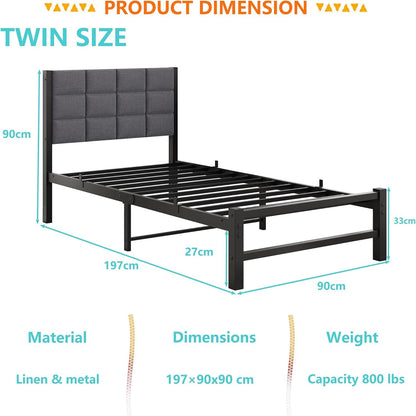 JUISSANO Twin Bed Frame with Upholstered Headboard,Single Bed Frame Twin Size Mattress Base,Metal Platform Bed Frame,Heavy Duty Metal Slats/No Box Spring Needed/Under Bed Storage,No Noise,Grey Linen