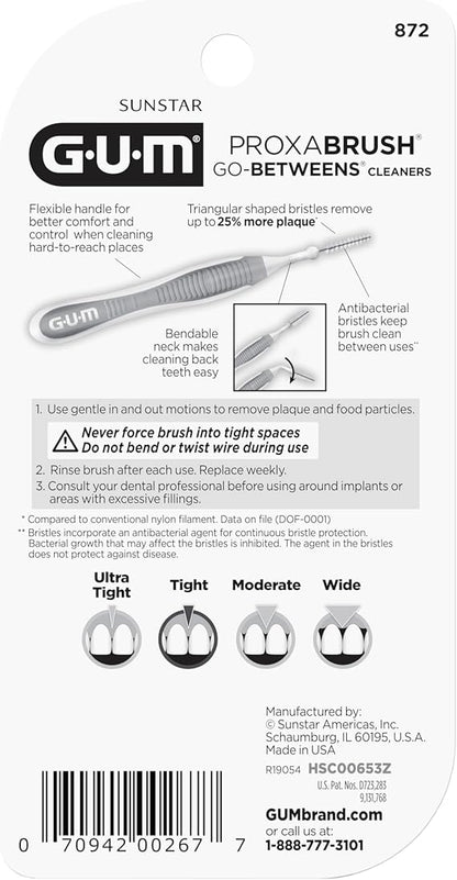 GUM Proxabrush Go-Betweens - Tight - Interdental Brushes - Soft Bristled Dental Picks for Plaque Removal Health - Safe for Braces & Dental Devices, 10 Count (Pack of 4)
