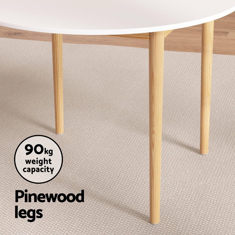Artiss Dining Table, 108cm Round White Coffee Tables Side Wooden Buffet Desk Lounge Desks Home Living Room Bedroom Kitchen Office Cafe Restaurant Furniture, 4 Seater Pine Wood Legs