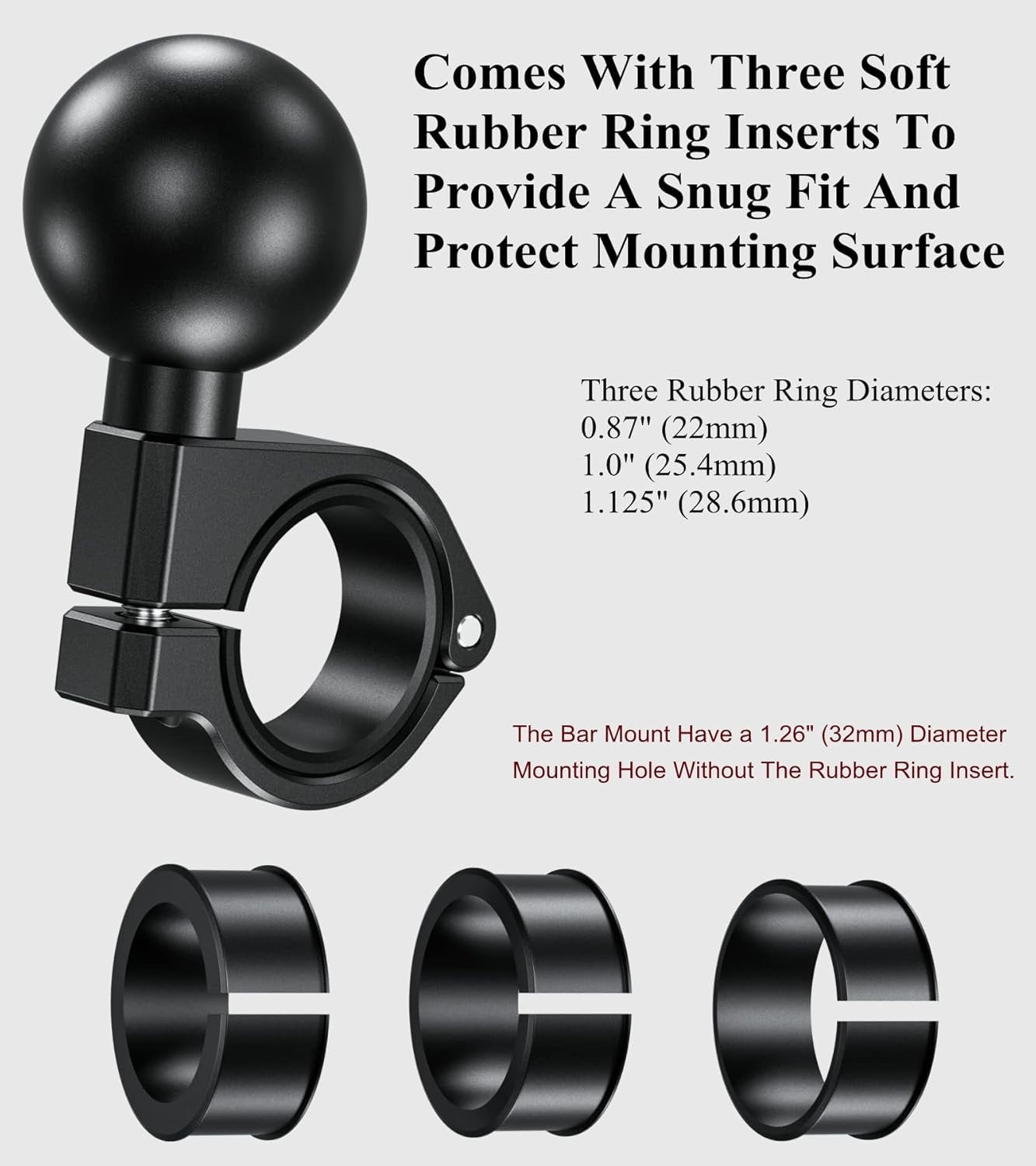 BRCOVAN 1.5'' Ball Mount, Aluminum Alloy Handlebar Clamp Base, Fit for Round Rails 0.875'' / 1'' / 1.125'' / 1.26'' in Diameter, Compatible with RAM Mounts C Size 1.5 Inches Ball Double Socket Arm