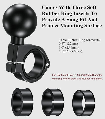 BRCOVAN 1.5'' Ball Mount, Aluminum Alloy Handlebar Clamp Base, Fit for Round Rails 0.875'' / 1'' / 1.125'' / 1.26'' in Diameter, Compatible with RAM Mounts C Size 1.5 Inches Ball Double Socket Arm