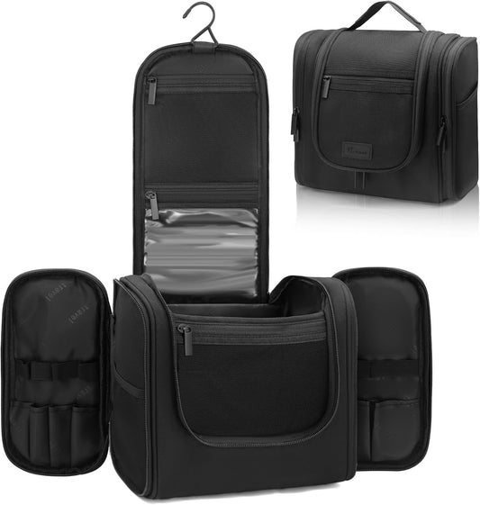 QEWORANE Toiletry Bag with Hanging Hook Water-Resistant Makeup Cosmetic Bag Large Capacity Travel Organizer Bag Shaving Bag for Accessories, Essentials, Toiletries(Black)