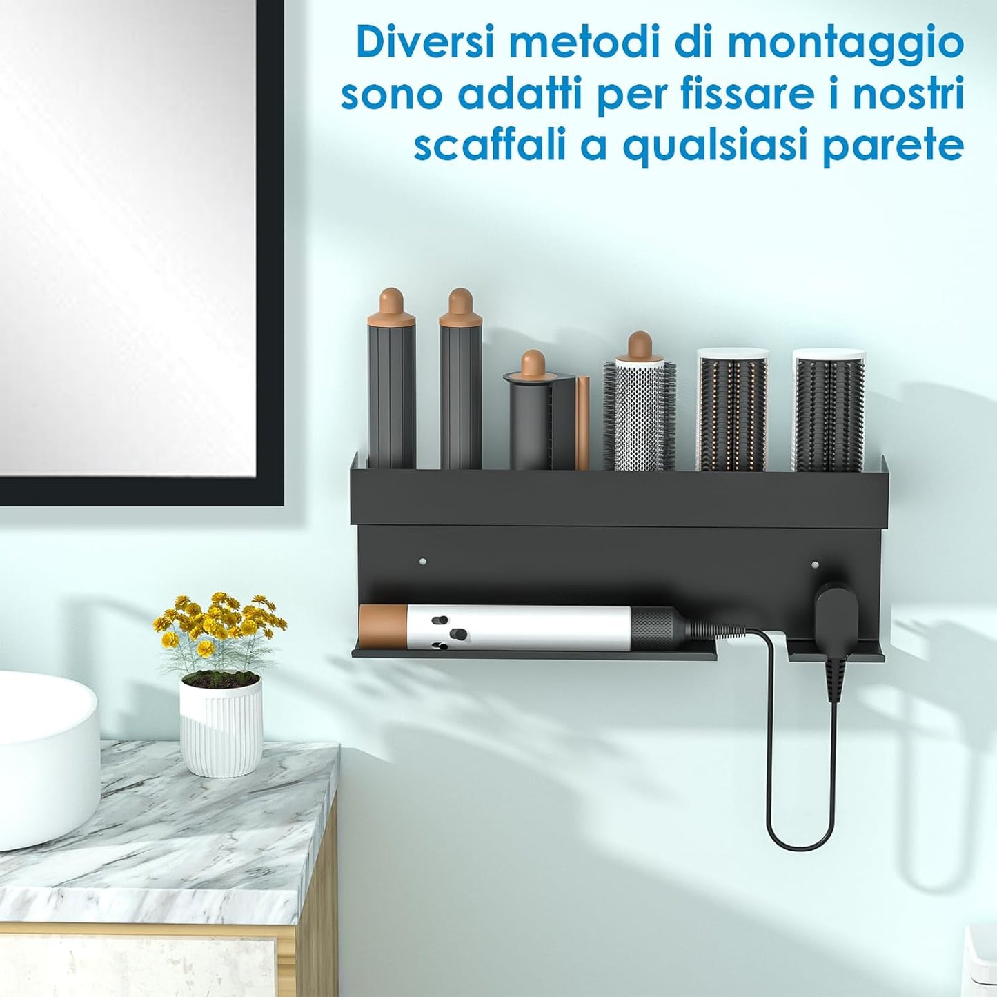 Gaethra Wall Mounted Hair Dryer Holder, 7 in 1 Strong and Rustproof Adhesive Holder, Perfect for Bathroom and Hair Care, Includes Hair Straightener Holder, Black Bathroom Hairdryer Hanger