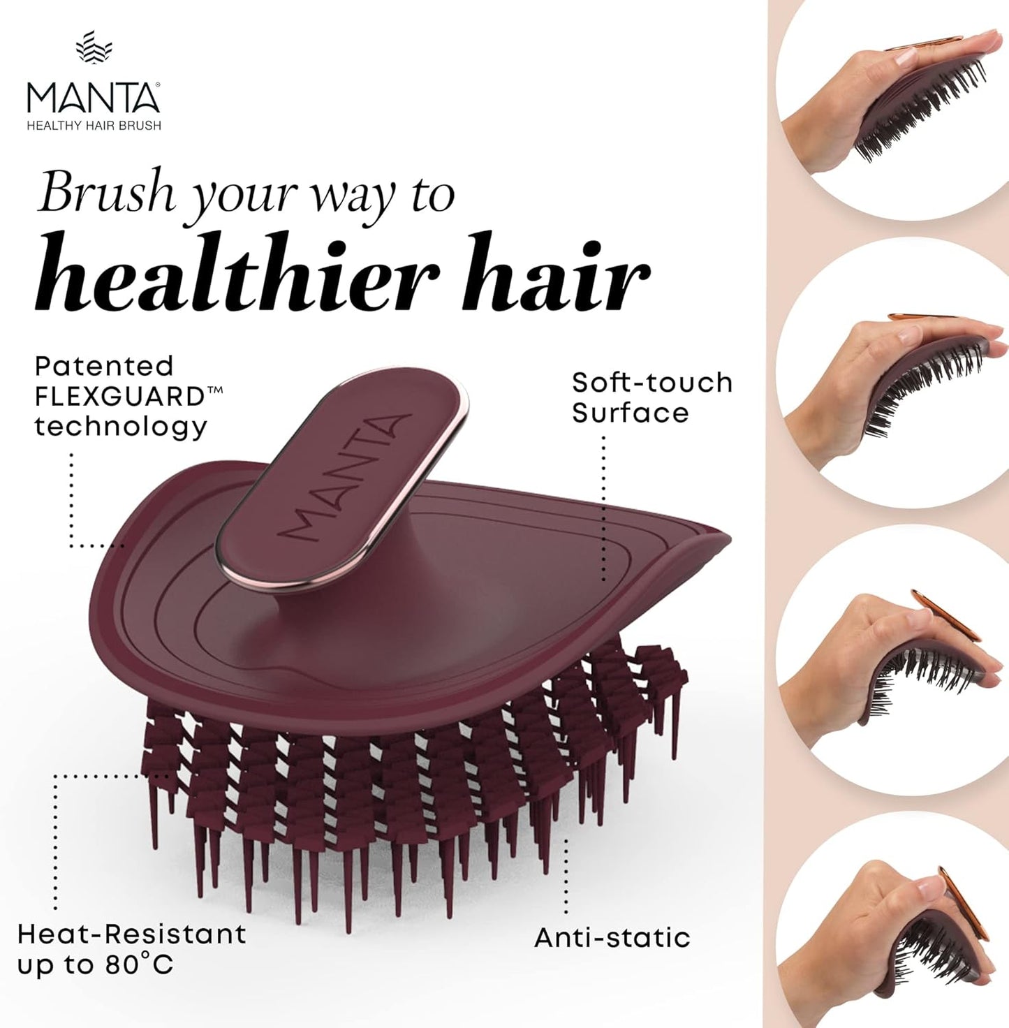 Manta Anti Breakage Hair Brush, Gentle Wet & Dry Hair Detangler Hairbrush for All Hair Types, Soft Scalp Shower Hair Brush, Promote Healthy Hair Growth, Hairbrushes for Women Men, Burgundy