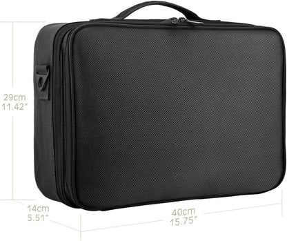 Luxspire Travel Makeup Bag Cosmetic Case, 3 Layer Large Professional Makeup Travel Train Case, Large Portable Makeup Brush Holder Organizer Artist Storage Bag with Shoulder Strap Mirror, Black