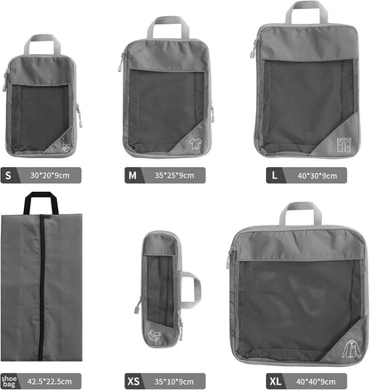 FAEFTY Packing Cubes Compression Suitcase Organizer Set, 6 Pieces Expandable Pockets Suitcase Organizer, Backpack, Grey