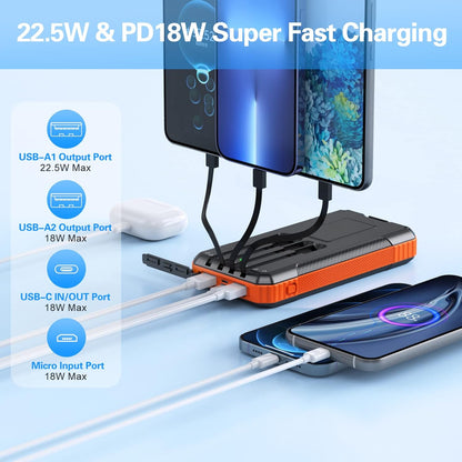 Solar Power Bank 33800mAh Built in 4 Cables, 22.5W USB C Fast Charging Portable Phone Charger, 6 Outputs & 4 Inputs with LED Camping Lights Battery Pack for Outdoor iPhone Samsung Tablet (Orange)