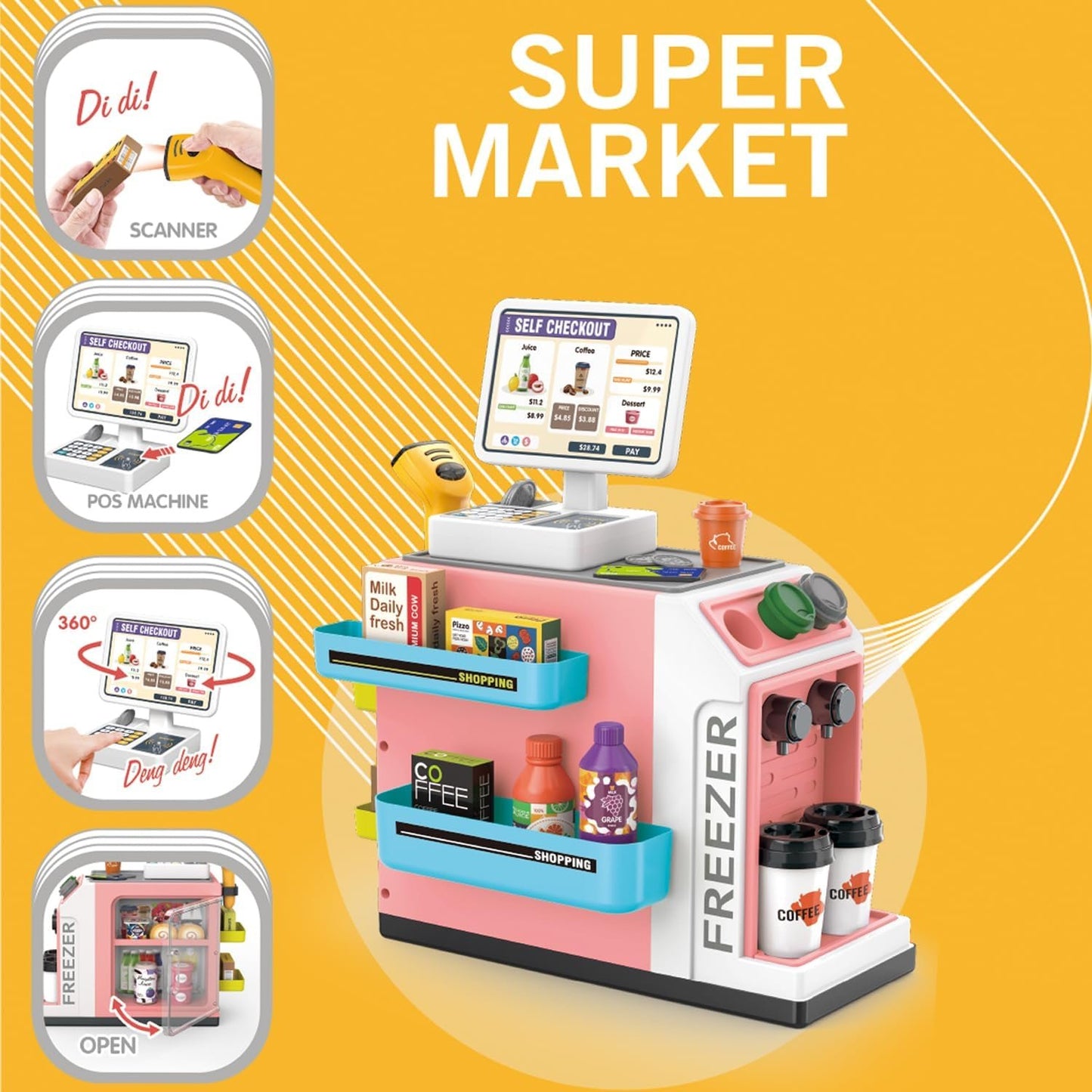 Cash Register Playset for Kids-46PCS with Scanner, Play Food and Money, Mini Supermarket Grocery Play Store Pretend Cashier, Coffee Machine, Pretend Play Toy Gift for Toddlers Boys Girls Ages 3 4 5 6