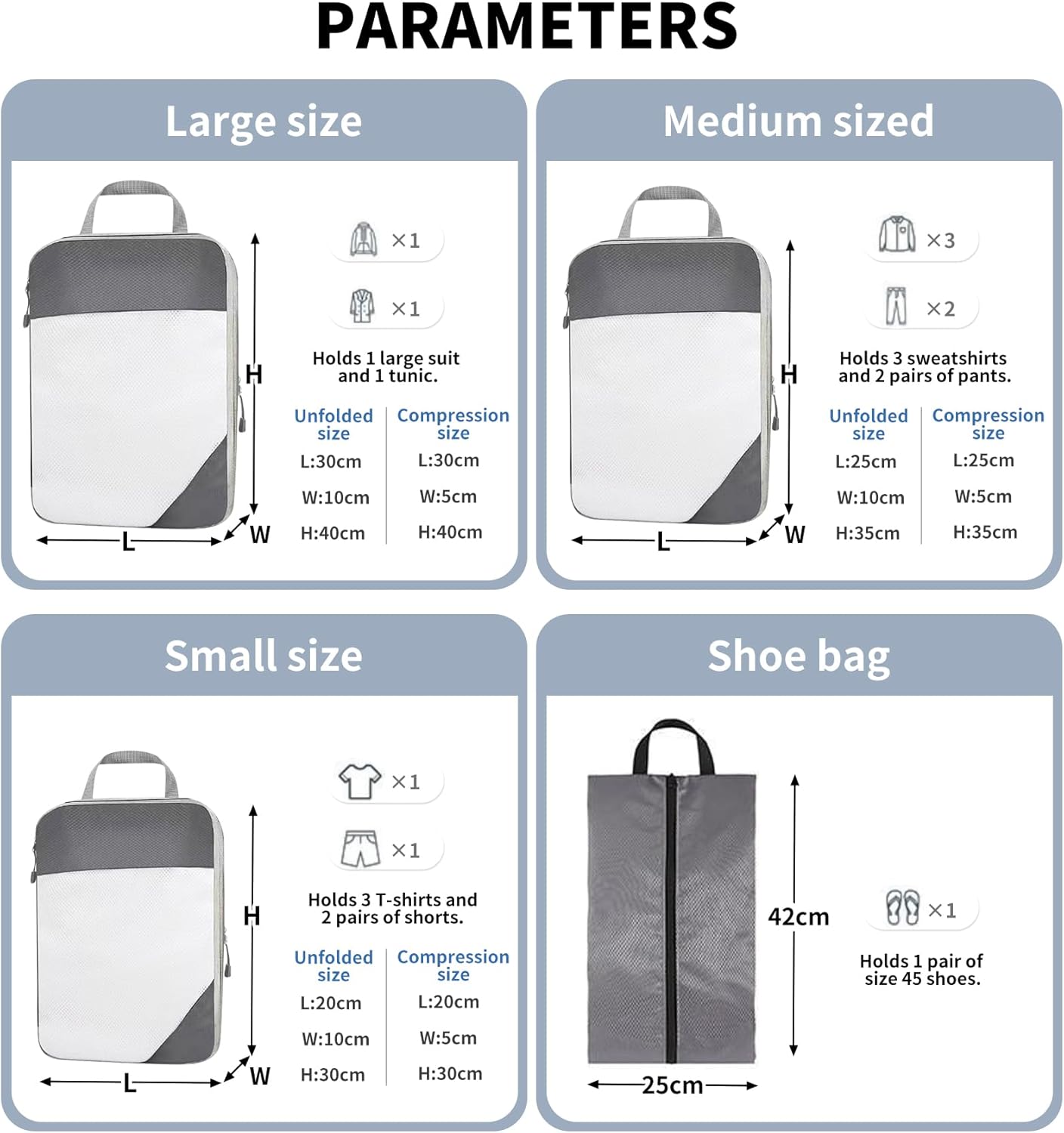 Space-Saving Suitcase Organizer 4 Pieces Set Waterproof Packing Cubes Compression, Suitcase Organizer, Travel Accessories, Travel Essentials, Travel Organizer for Clothes, Shoes, Underwear, Grey