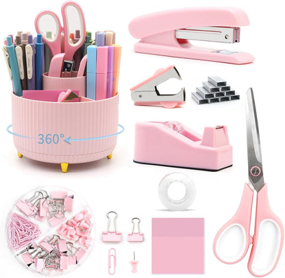 Pink Desk Accessories, UPIHO Rotating Pen Holder Set,Pink Office Supplies with Pink Stapler and Tape Dispenser Set, Gifts for Office Clerks,Student