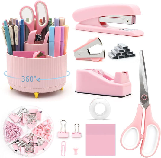 Pink Desk Accessories, UPIHO Rotating Pen Holder Set,Pink Office Supplies with Pink Stapler and Tape Dispenser Set, Gifts for Office Clerks,Student