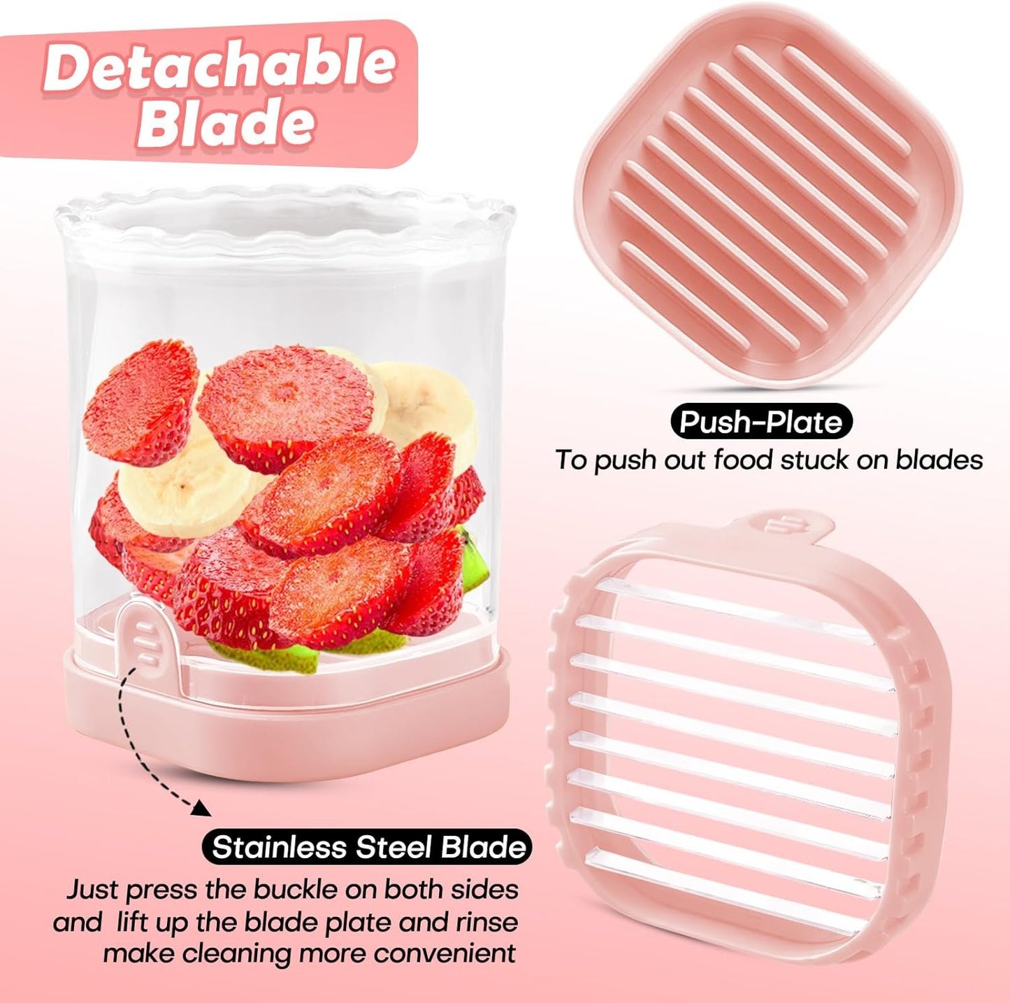 Fruit Slicer Cup | Strawberry Slicer | Banana Slicer | Grape Cutter | Egg Slicers | Detachable Fruit Cutter Slicer with Push Plate | Creative Strawberry Slicer Kitchen Gadget (Black + Pink)