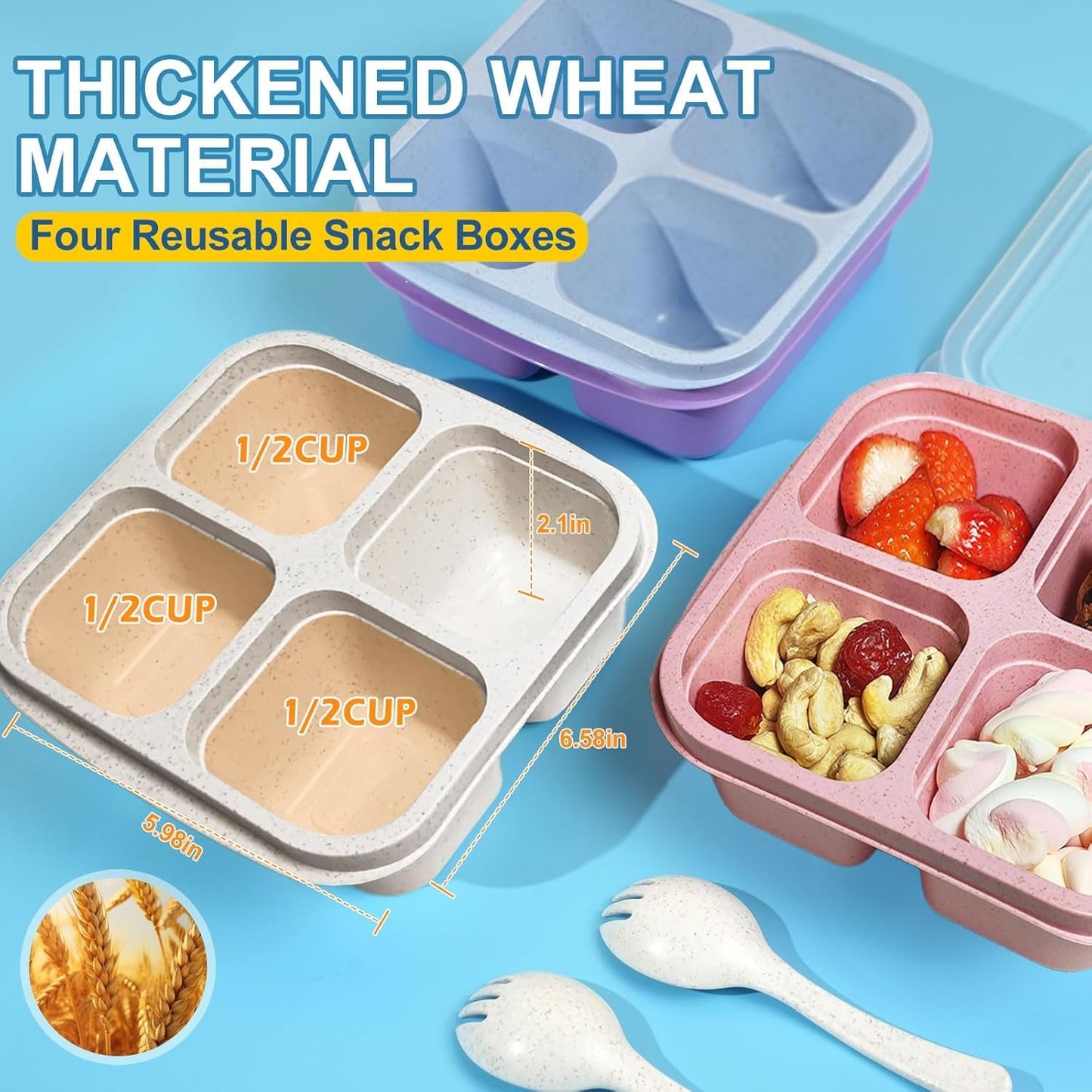 ozazuco 4 Pack Snack Containers, Divided Bento Snack Box, 4 Compartments Reusable Meal Prep Lunch Containers for Kids Adults, Food Storage Containers for School Work Travel