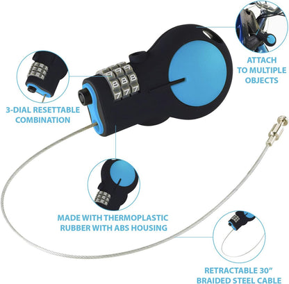 Lewis N. Clark Cable Lock with 30in Retractable Steel Cable, Blue, One Size, TSA Approved Padlock & Bike Lock for Luggage + Travel, Set Your Combo W/30in Retractable Steel Cable