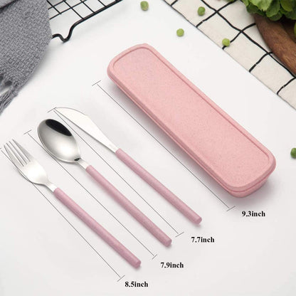 Portable Travel Utensils with Case, Travel Cutlery Set, Stainless Steel Spoon Fork Knife Set, Reusable Flatware Set for Travel Camping (Pink)