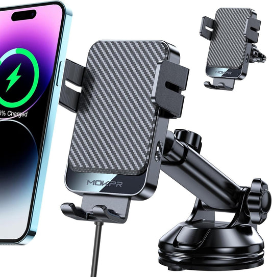 Wireless Car Charger, MOKPR 15W Fast Charging Auto-Clamping Car Phone Holder Wireless Charger Air Vent Car Phone Mount fit for iPhone 16/15/14/13/13 Pro/12 pro/12/11/X/8, Samsung S23/S22/S21/S20 Grey