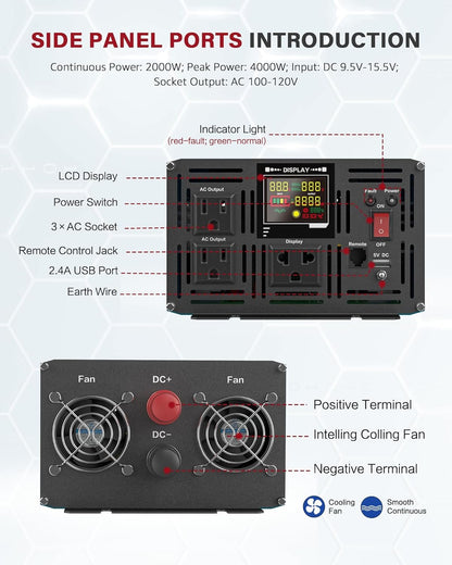 LCYMW 2000 Watt Inverter Pure Sine Wave DC 12V to 110V AC Power Inverters with 3 AC Charger Outlets, Car Inverter Solar Power Inverters for Vehicles Home with LCD Display and 2.4A USB Charging Ports