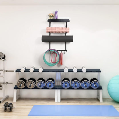DOCMON Yoga Mat Holder Wall Mount,17" x 28" Yoga Mat Rack Home Gym Accessories, Storage for Foam Roller, with Wood Floating Shelves and 5 Hooks for Hanging Yoga Strap and Resistance Bands (Black)