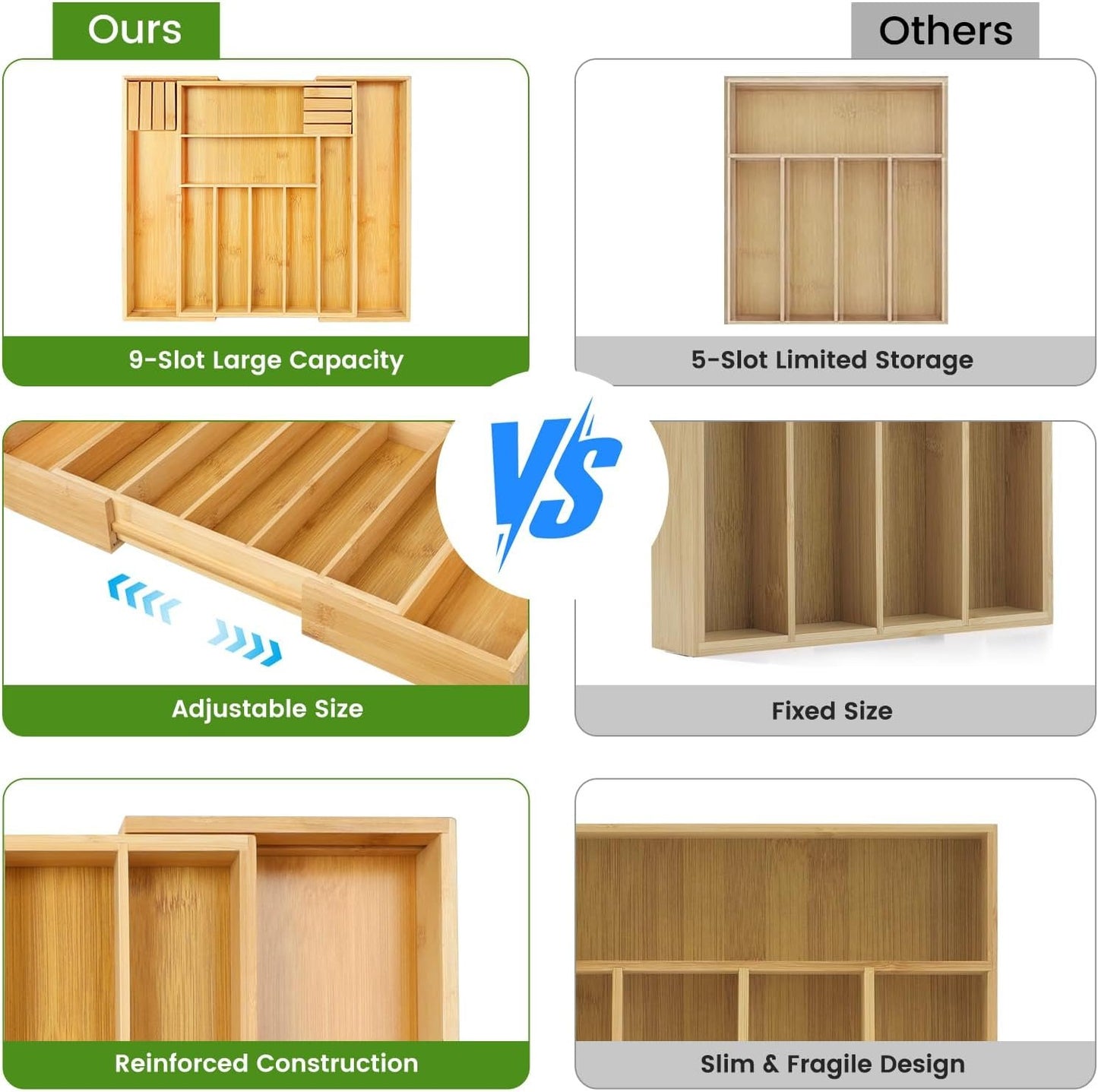 Expandable Cutlery Organizer, 7-9 Slot Bamboo Utensil Drawer Organizer with 2 Removable Knife Blocks, Adjustable Wooden Cutlery Tray Holder Kitchen Drawer Organizer for Silverware, Flatware