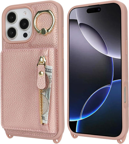 Cavor Crossbody Wallet for iPhone 16 Pro Max Leather Case for iPhone16pro Max Case 6.9'' Flip Cover Card Slots with 360°Rotation Ring Holder Kickstand & Long Shoulder Lanyard Strap-Rose