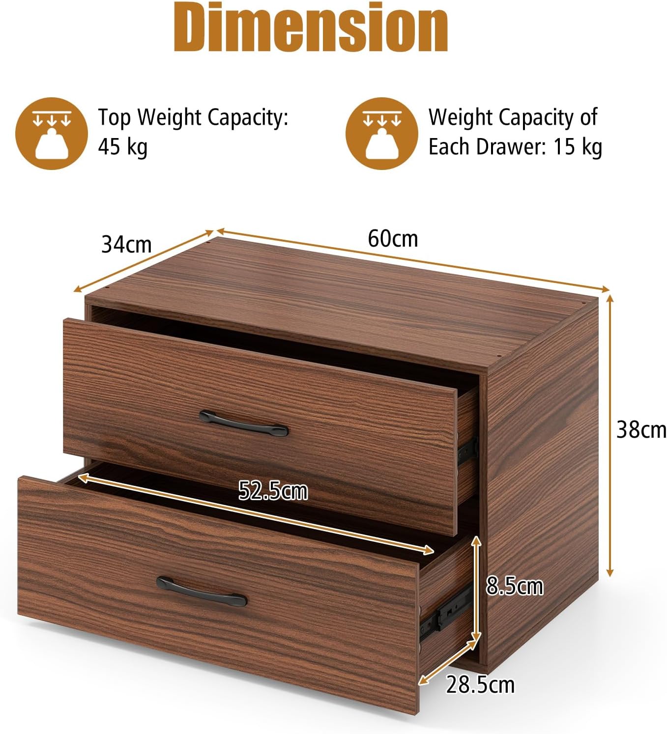 KOMFOTTEU Chest of Drawers with 2 Drawers, Anti-tipping Device Small Wooden Furniture for Bedroom, Living Room, Office, Bedside, 60 x 34 x 38 cm (Walnut)