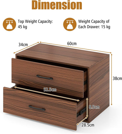 KOMFOTTEU Chest of Drawers with 2 Drawers, Anti-tipping Device Small Wooden Furniture for Bedroom, Living Room, Office, Bedside, 60 x 34 x 38 cm (Walnut)