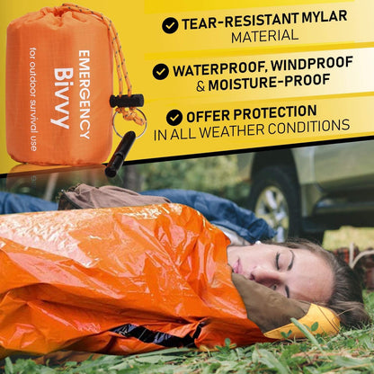 TOBWLOF Emergency Sleeping Bag, Lightweight Life Bivy Sacks with Whistle, Mylar Emergency Bivy Survival Rescue Blanket, Windproof Outdoor Thermal Sleeping Bag for Hiking, Camping, Traveling